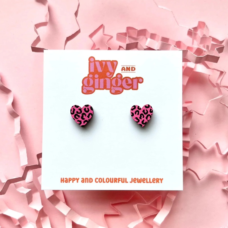 Mini Bright Pink and Black Leopard Print Heart Stud Earrings