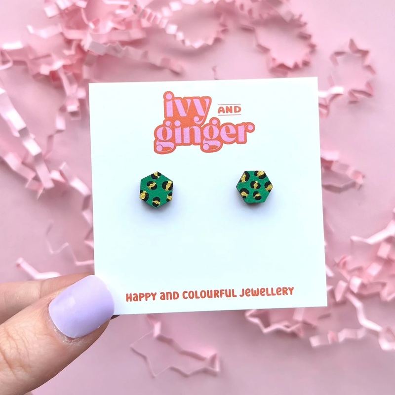 Mini Green and Gold Hexagon Leopard Print Stud Earrings