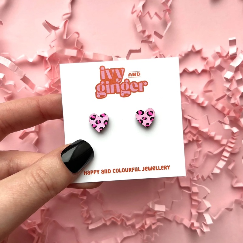 Mini Neon Pink Leopard Print Heart Stud Earrings