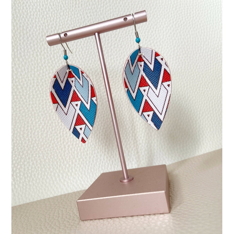 Red Teal Geo Print Pinched Leaf Earrings