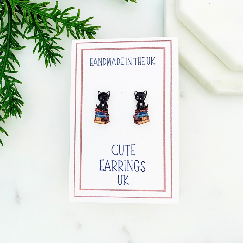 Black Cat On Books Stud Earrings