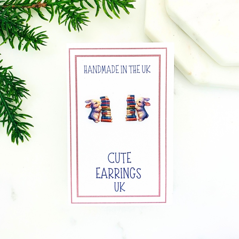 Bunny Rabbit & Books Stud Earrings