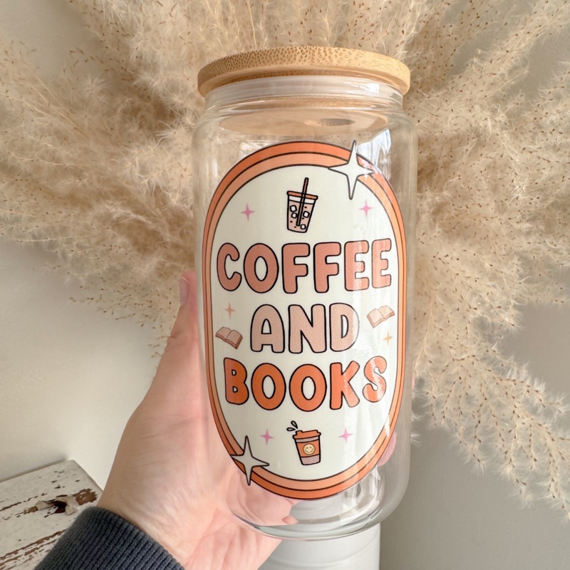 Coffee and Books 16oz Glass Can