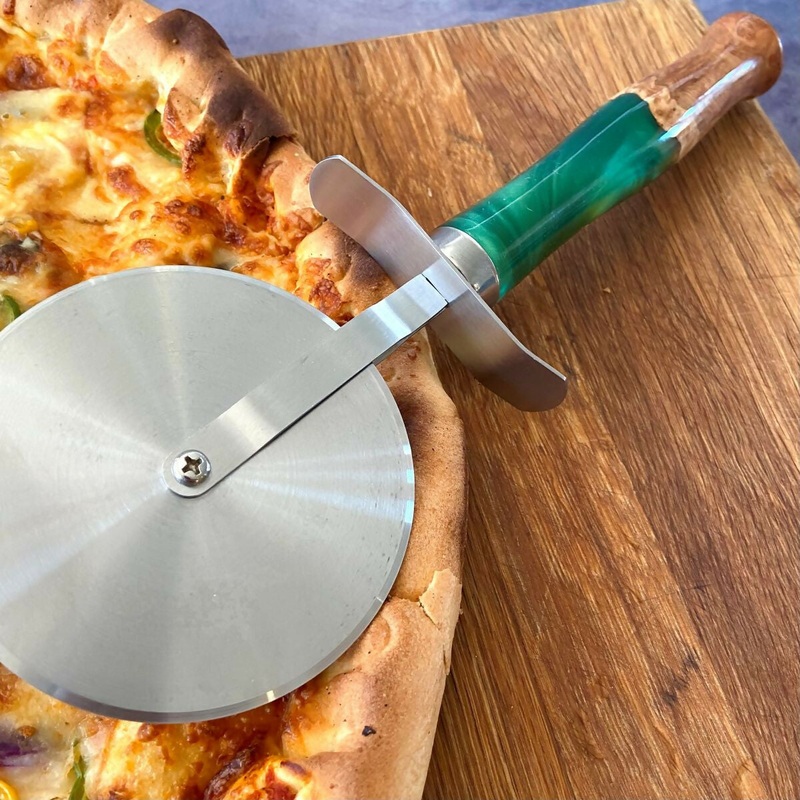 Hand Crafted Large Pizza Cutter with Mallee Burr and Resin Handle