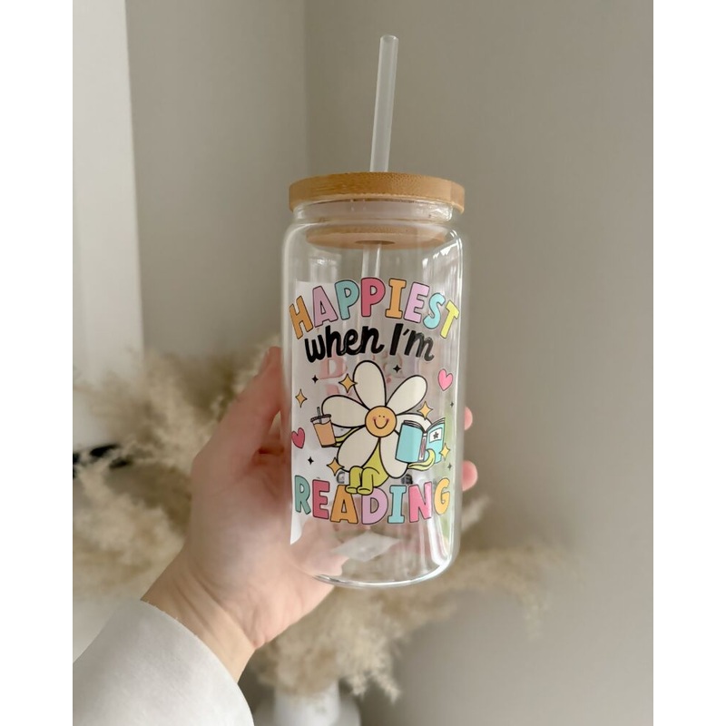 Happiest When Reading 16oz Glass Can