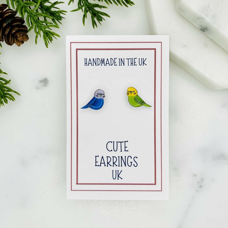 Mismatched Budgie Bird Stud Earrings