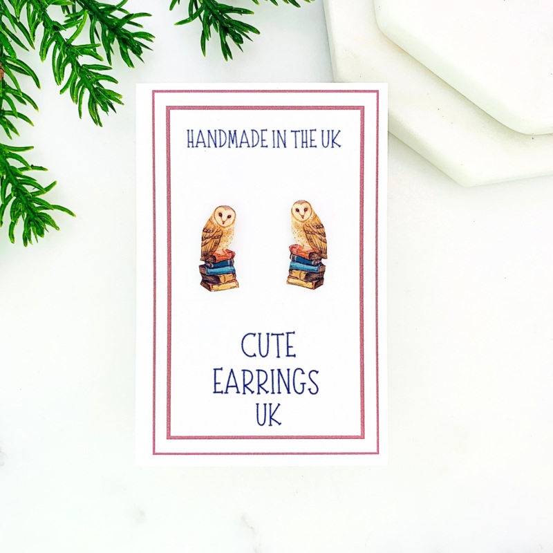 Owl on Books Stud Earrings