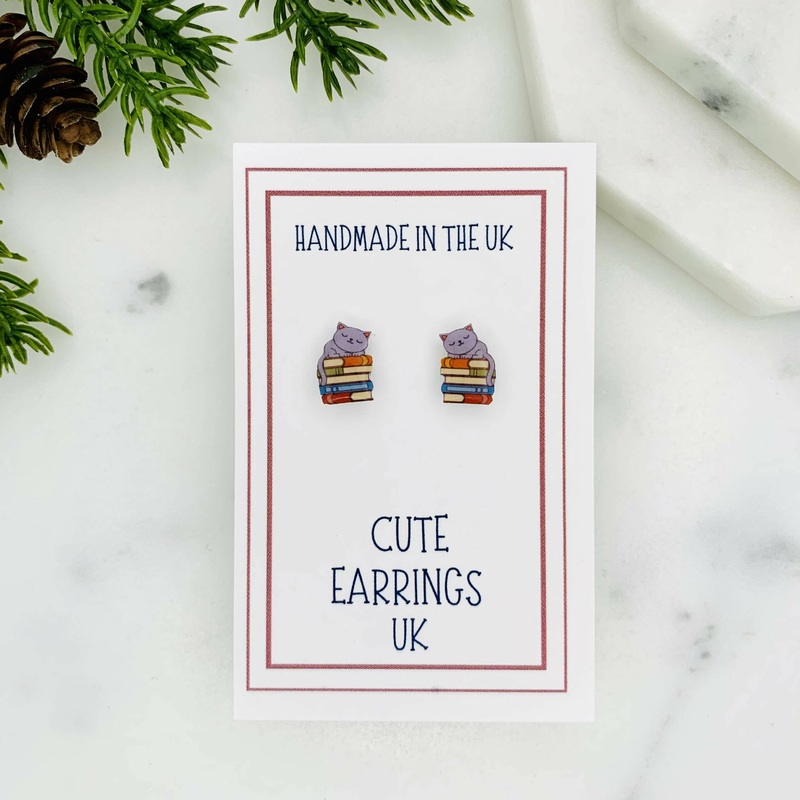 Sleeping Cat On Books Stud Earrings