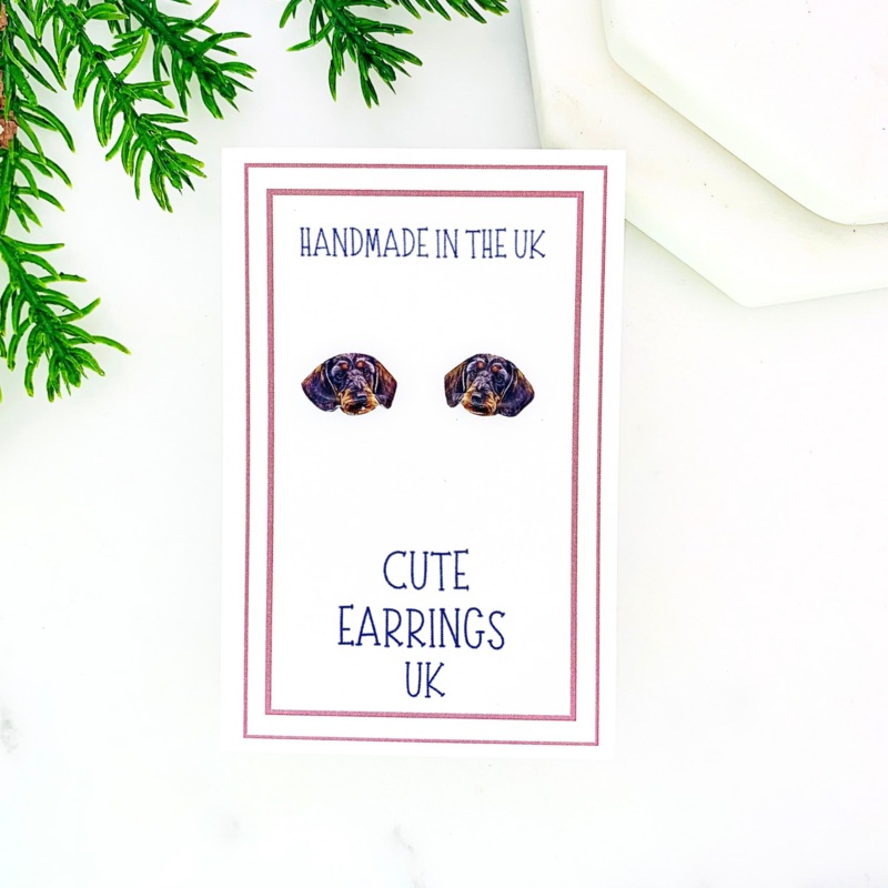 Wire Haired Dachsund Dog Stud Earrings