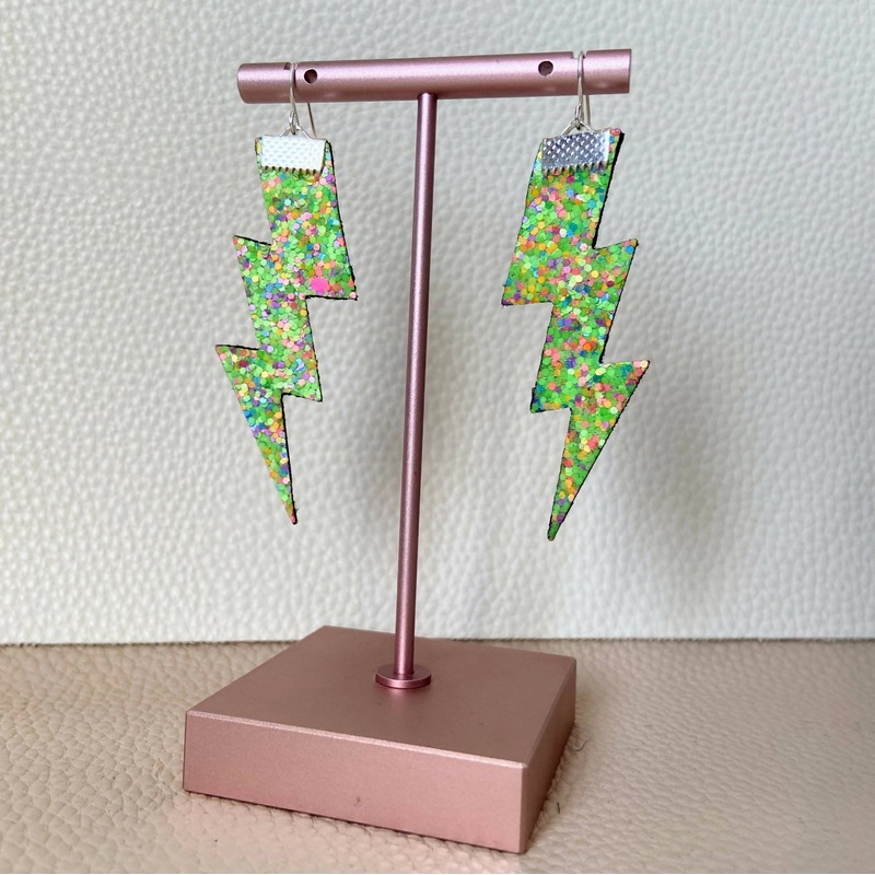 Flash Lightning Bolt Earrings in Lime Confetti Glitter
