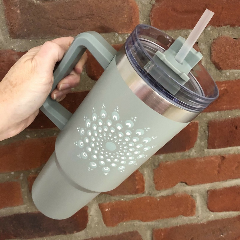 Hand Painted Dot Mandala Stanley-Style Cup With Straw: Sage with Sage Green