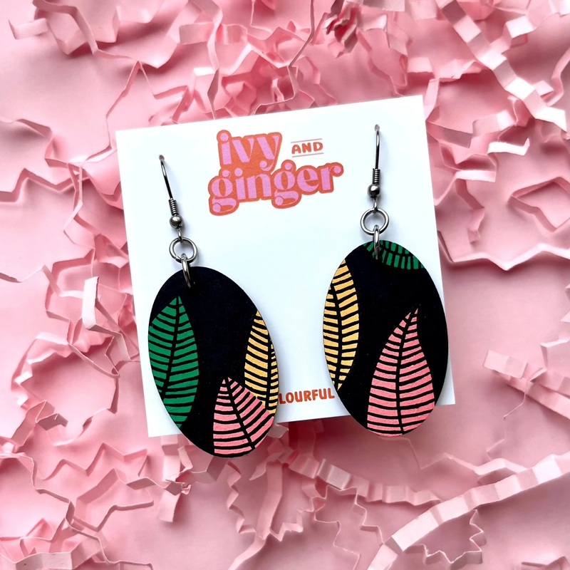 Leaf Print Oval Dangle Earrings