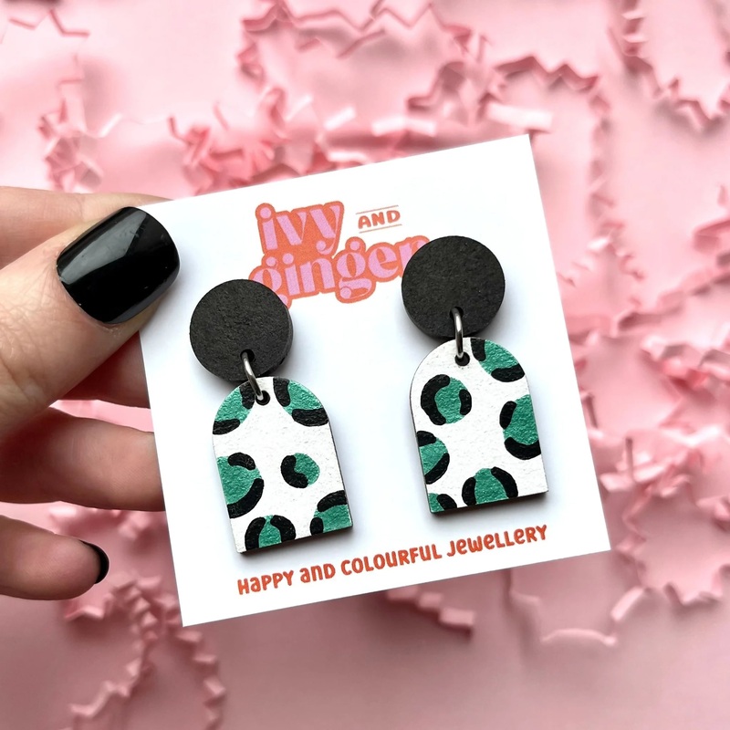 Metallic Green Leopard Print Arch Dangle Earrings