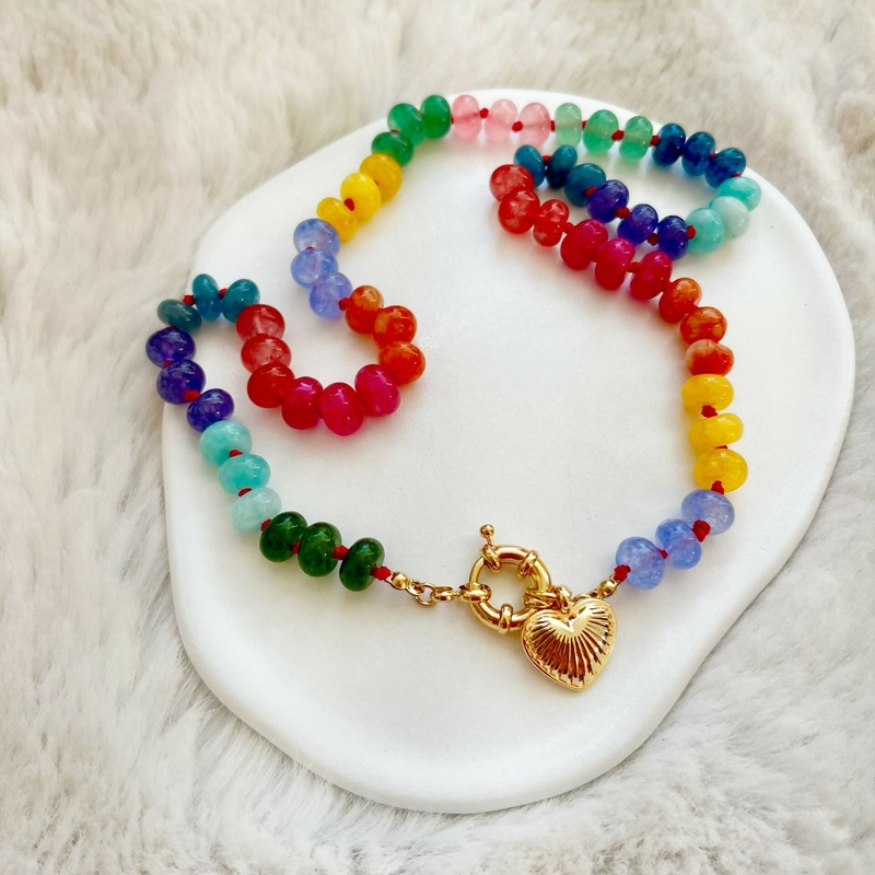 Rainbow Heart Natural Hand Beaded Necklace