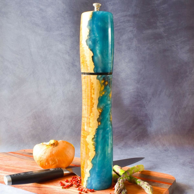 Stunning Handcrafted Mallee Burr and Turquoise Resin Pepper Mill