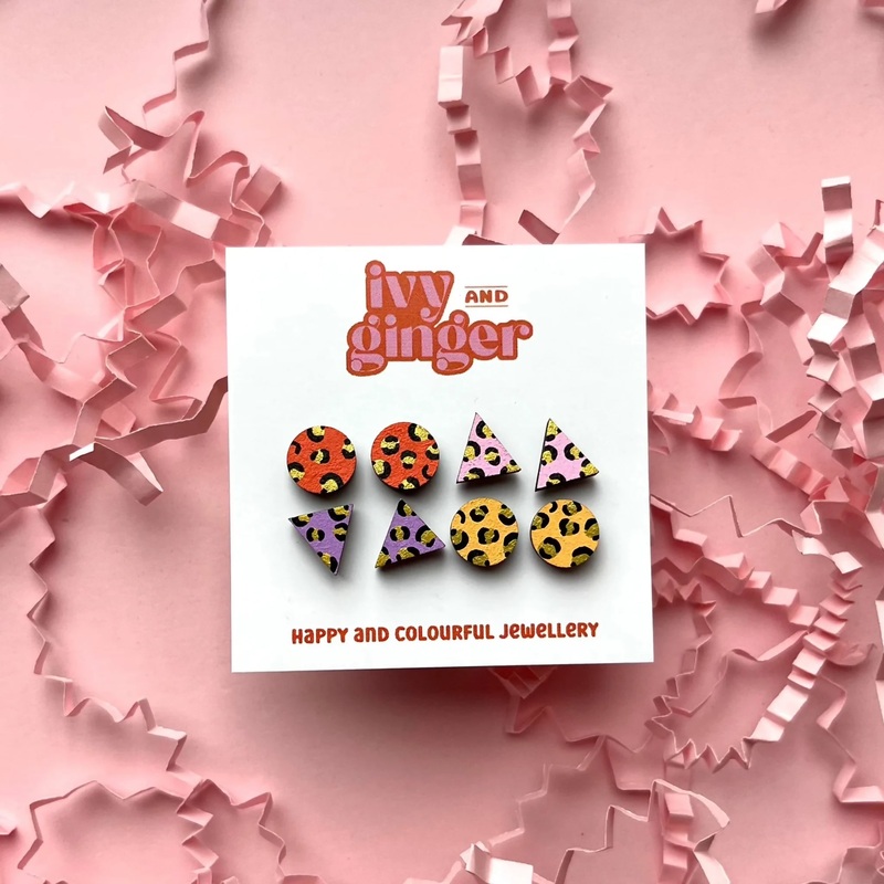 Bright Mini Leopard Print Wooden Stud Earrings Set