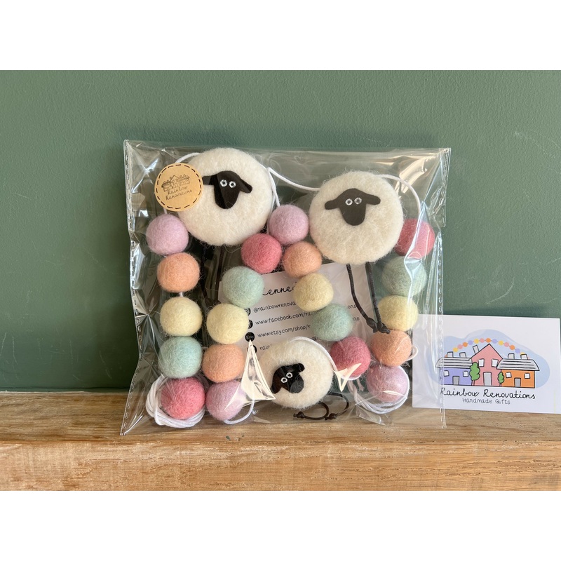 Felted Sheep & Lamb Garland|Various pastel feltballs