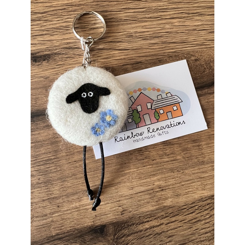 Felted Sheep with Flower Keyring