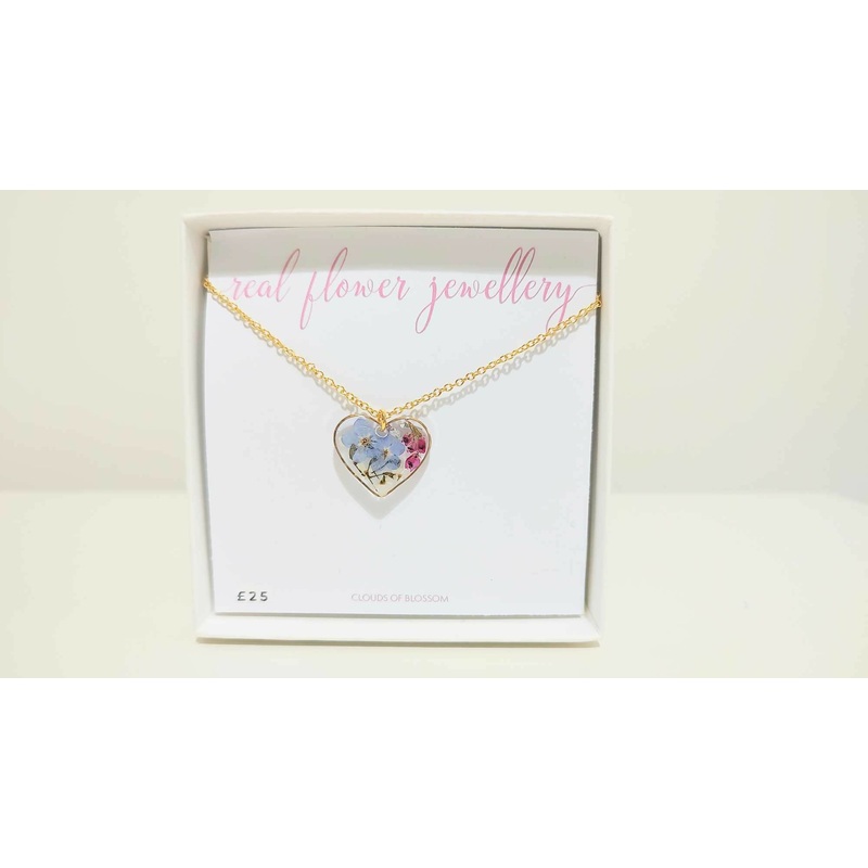 Forget Me Not, Heather and Lace Flower Gold Plated Heart Necklace