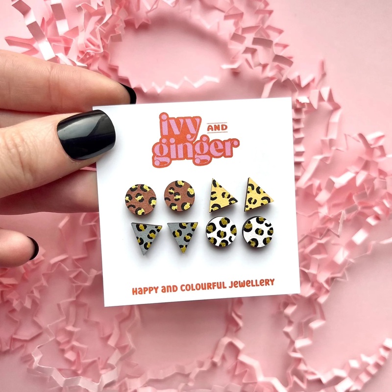 Gold Leopard Four Piece Hand Painted Wooden Earrings Stud Set