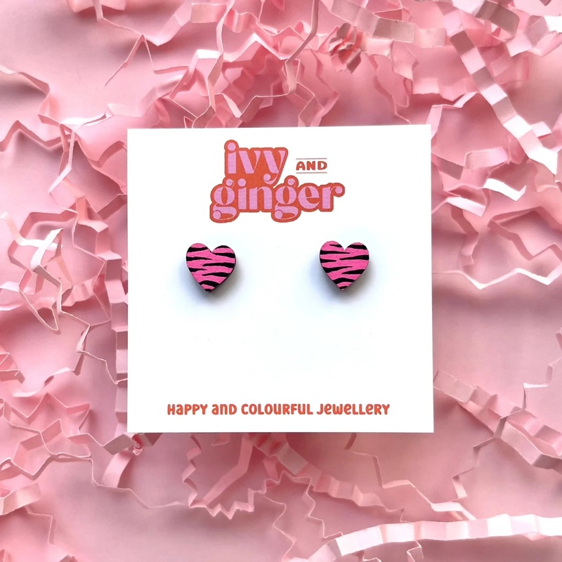 Mini Bright Pink and Black Zebra Print Heart Stud Earrings