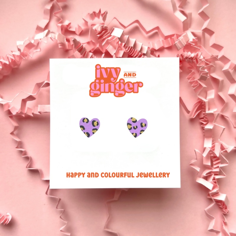 Mini Leopard Print Heart Lilac and Gold Stud Earrings