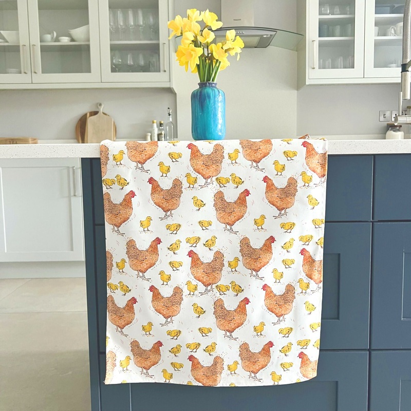 Mother Hen and Chicks Easter Organic Cotton Tea Towel
