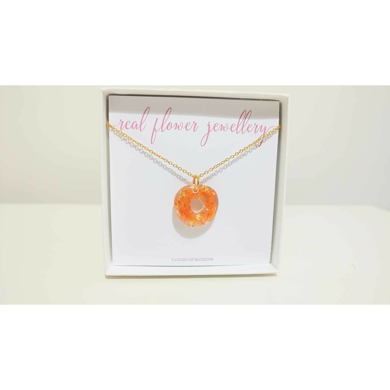 Orange Flower and Gold Leaf Donut 3D Gold Plated Necklace