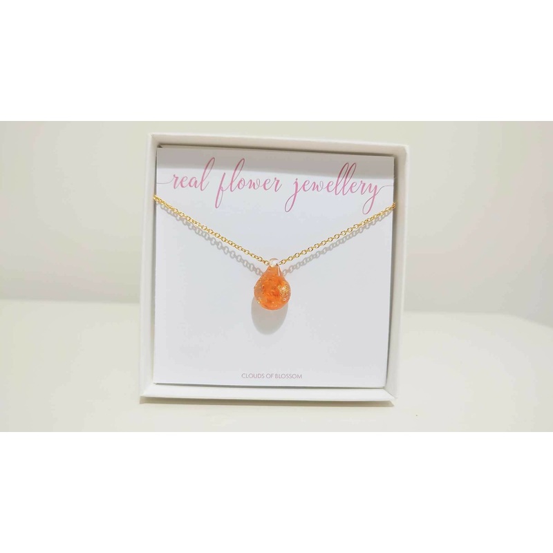 Orange Flower and Gold Leaf Drop 3D Gold Plated Necklace