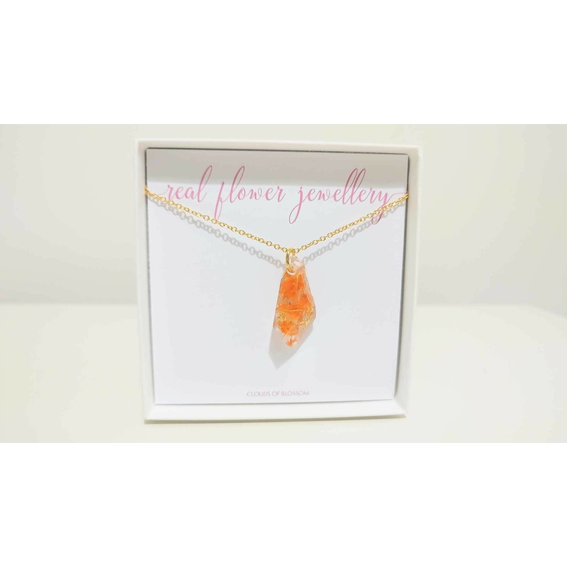 Orange Flower and Gold Leaf Geometric Crystal 3D Gold Plated Necklace