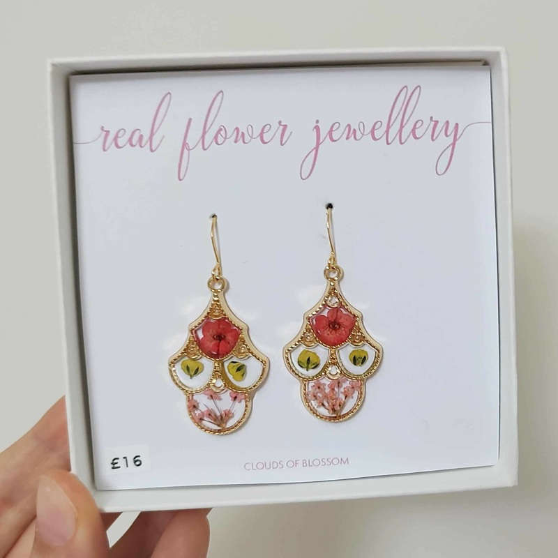 Pink and Yellow Flowers Fancy Big Gold Plated Bezel Earrings
