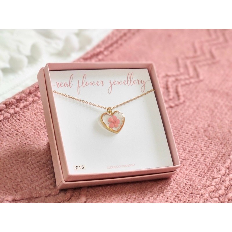 Pink Babys Breath Medium Heart Necklace Gold Plated