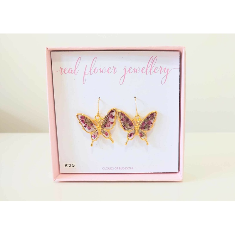 Pink Heather Butterfly Gold Plated Earrings