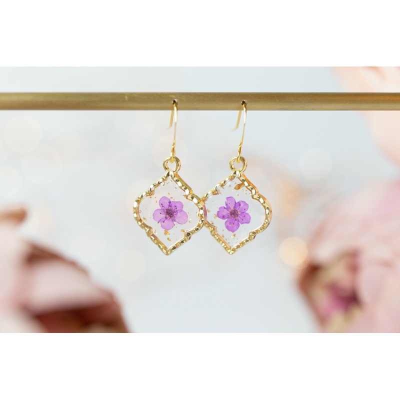 Purple Babys Breath Fancy Diamond Shaped Bezel Earrings Gold Plated