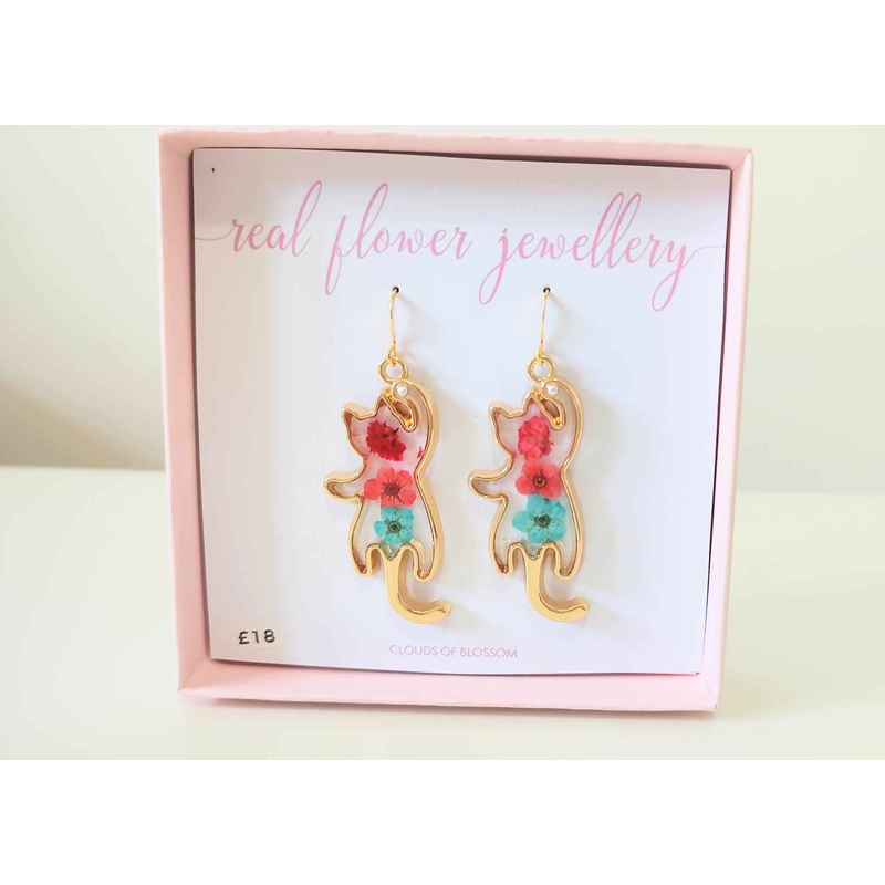 Real Flower Cat Dangle Earrings Gold Plated