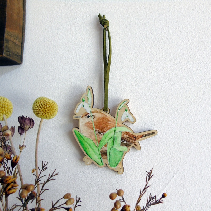 Wren and Snowdrop Hanging Wooden Decoration