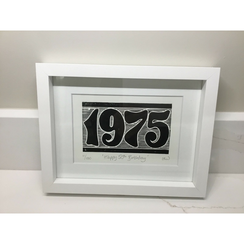 1975 Framed Lino Cut Print|11/100 black ink and frame|4/100 black ink and white frame|12/100 black ink and frame