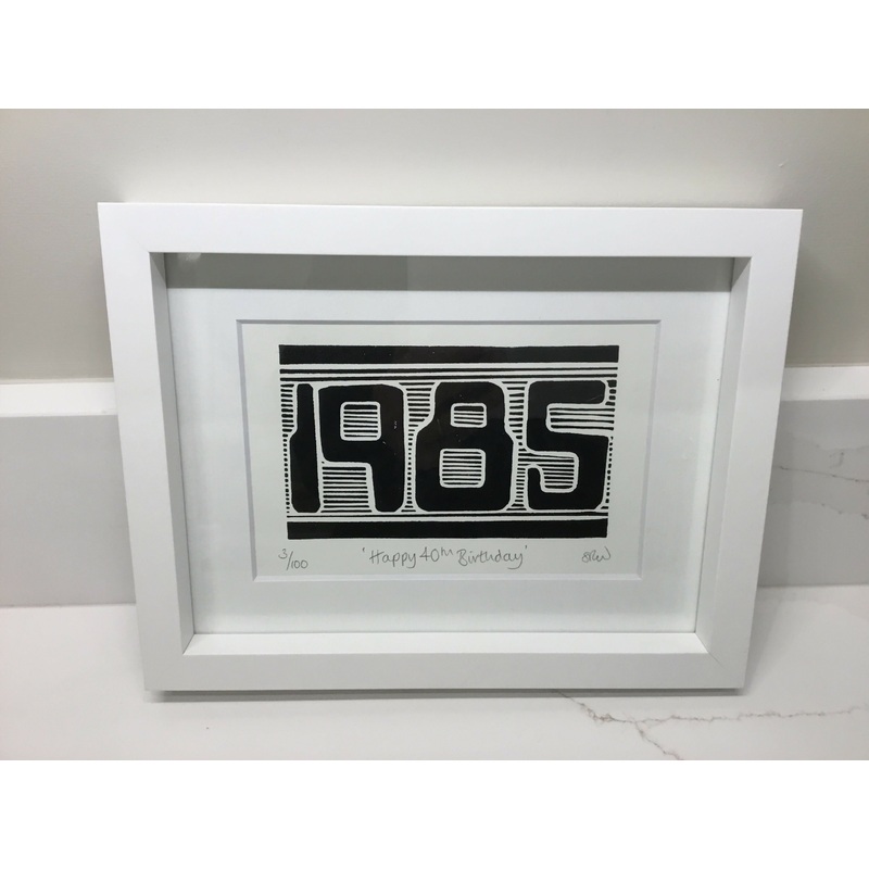 1985 Framed Lino Cut Print|2/100 black ink and frame|3/100 black ink and white frame|4/100 black ink and frame|5/100 black ink and frame