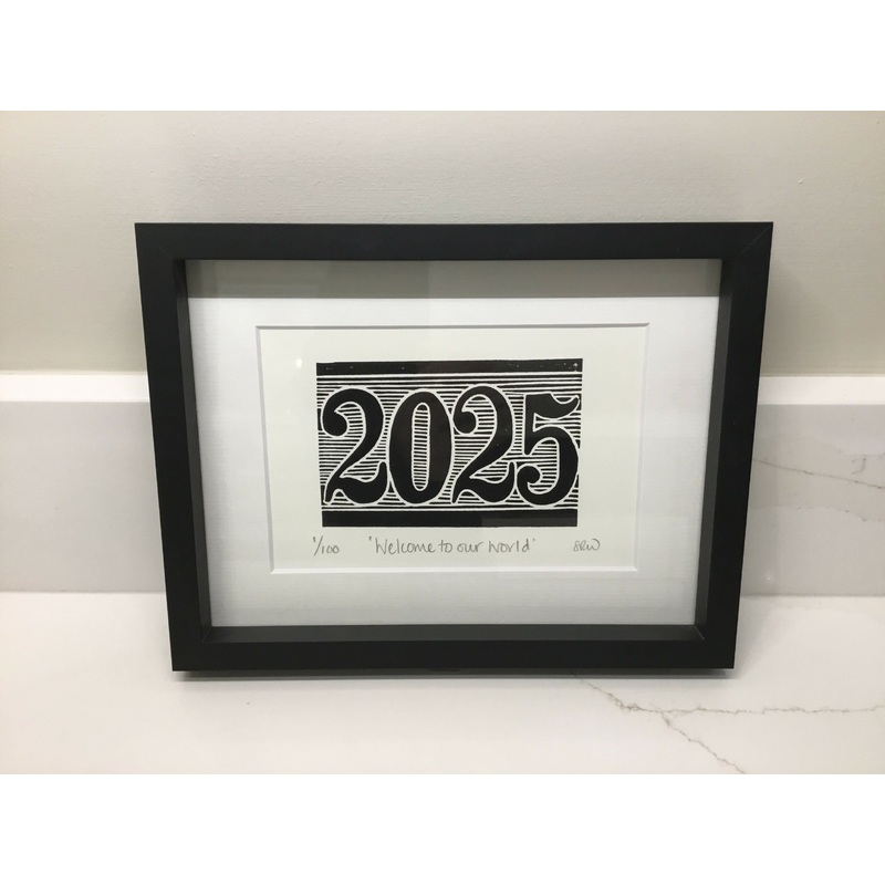 2025 Framed Lino Cut Print|6/100 Black Ink and  White Frame|8/100 black ink and pale grey frame