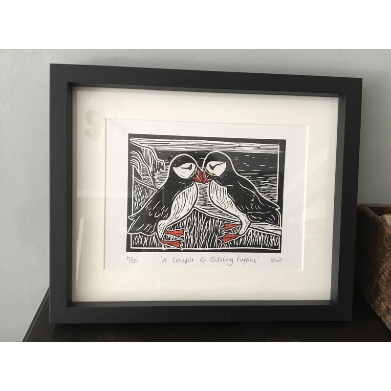 A Couple of Billing Puffins Framed Lino Cut Print
