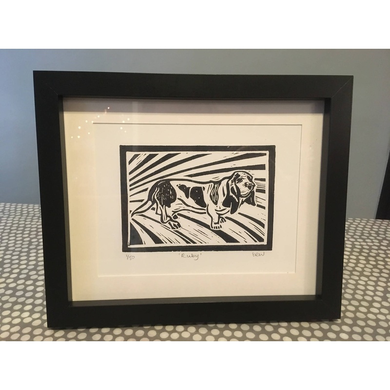 Basset Hound With Mottled Markings Framed Lino Cut Print