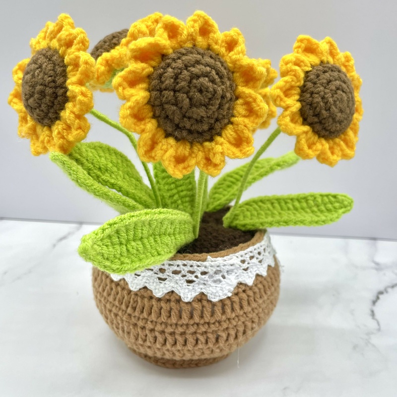 Crochet Sunflower Bouquet in Lace-Trimmed Pot