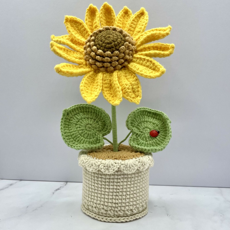 Crochet Sunflower in Lace-Trimmed Pot with Ladybird