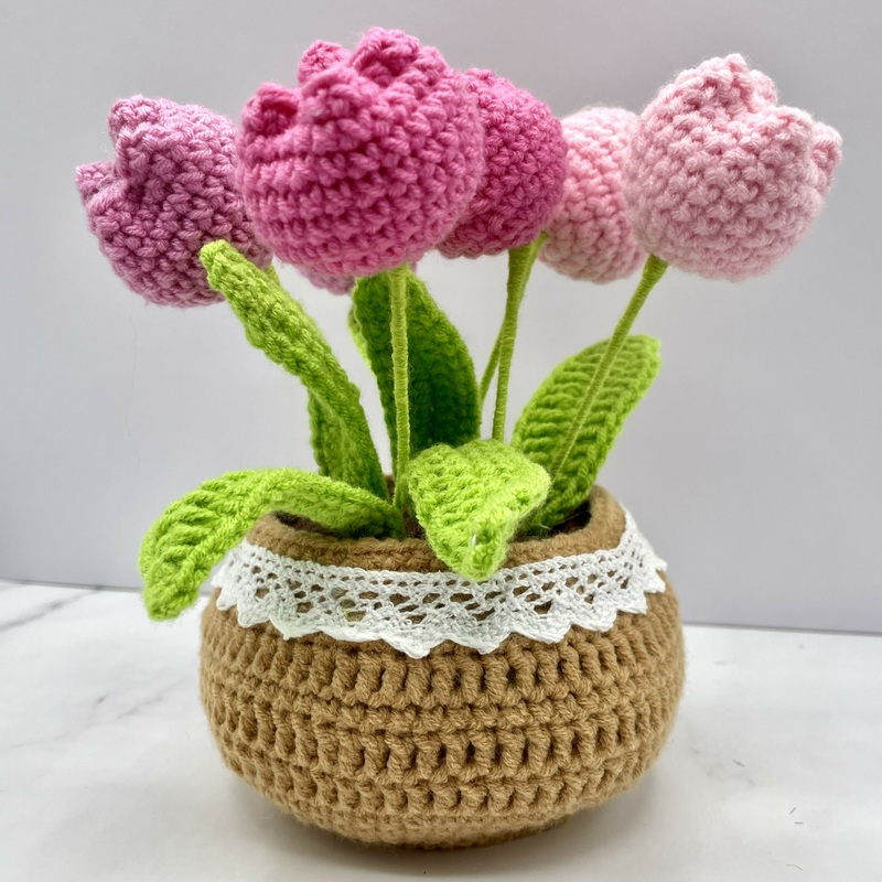 Crochet Tulip Bouquet in Lace-Trimmed Pot