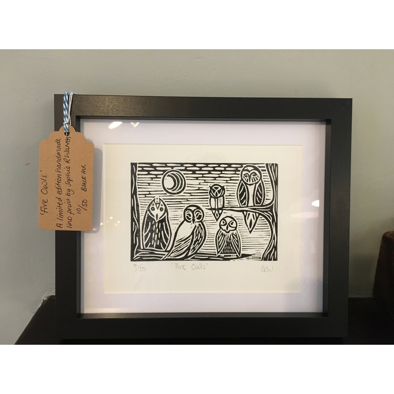 Five Owls Framed Lino Cut Print