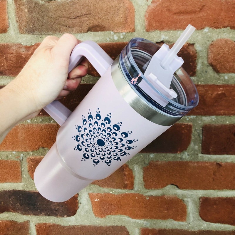 Hand Painted Dot Mandala Stanley-Style Cup with Straw: Blush Pink with Navy and Baby Pink