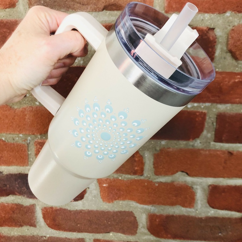 Hand Painted Dot Mandala Stanley-Style Cup with Straw: Cream with Eucalyptus and White