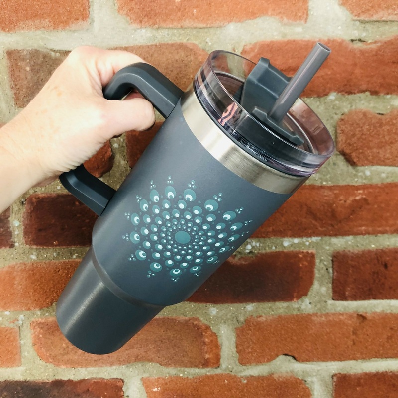 Hand painted Dot Mandala Stanley-style Cup with Straw: Grey with Greens