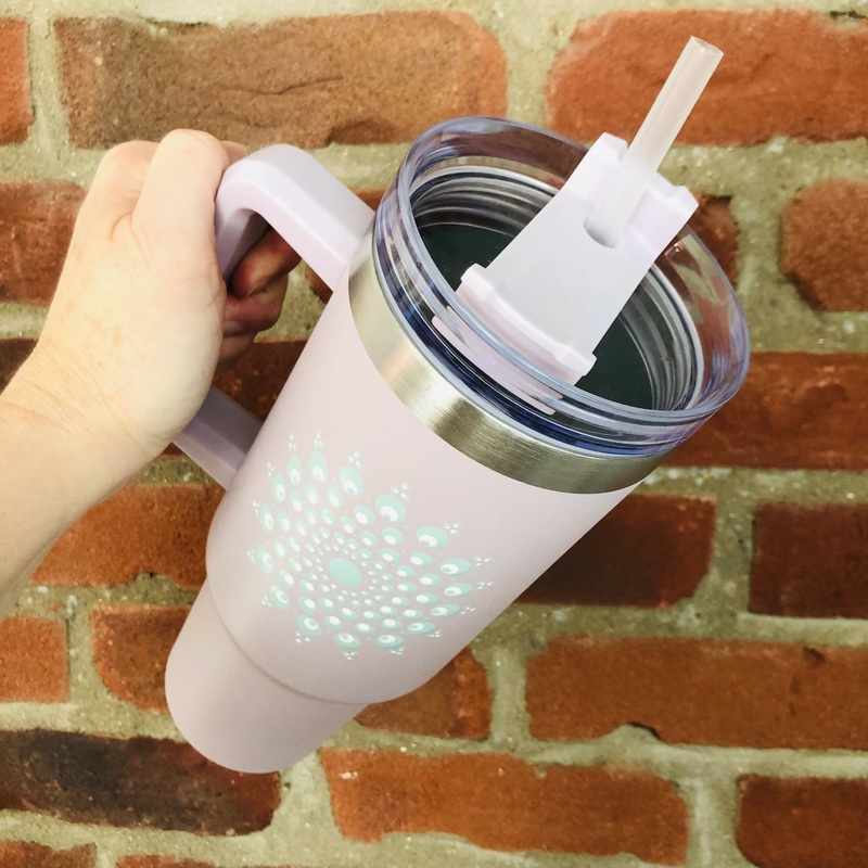 Hand Painted Dot Mandala Thermal Water Bottle with straw: Blush Pink with Eucalyptus and White