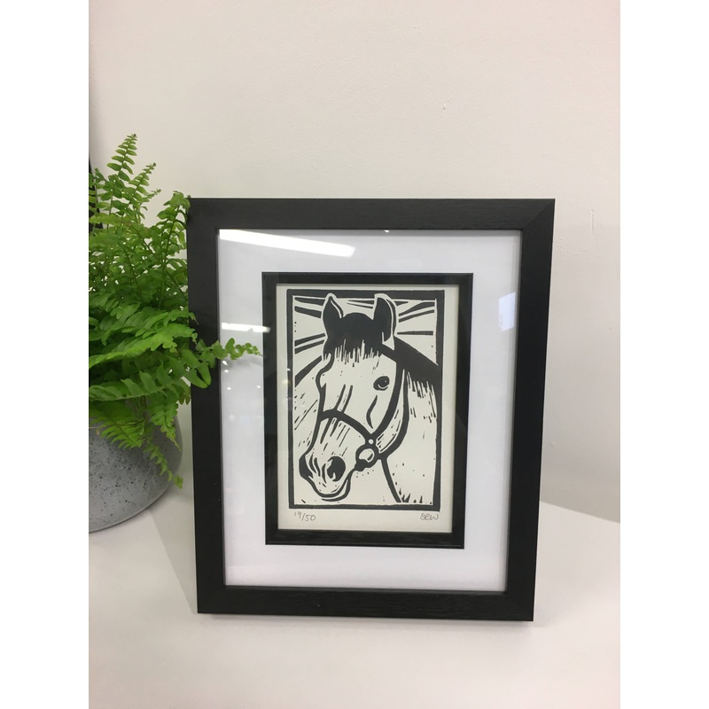 Horse Framed Lino Cut Print|My Pony 3/50 Black Ink and White Frame